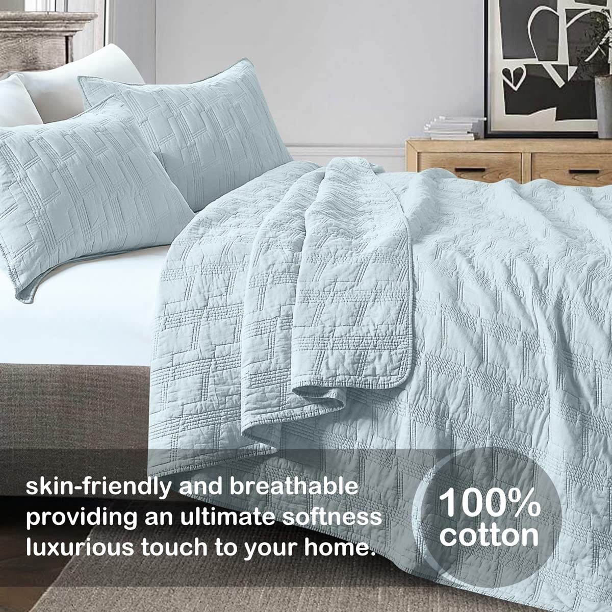100% Cotton Quilt Set Queen Size, Aqua Blue Pre-Washed 3-Piece Bedspread gallery