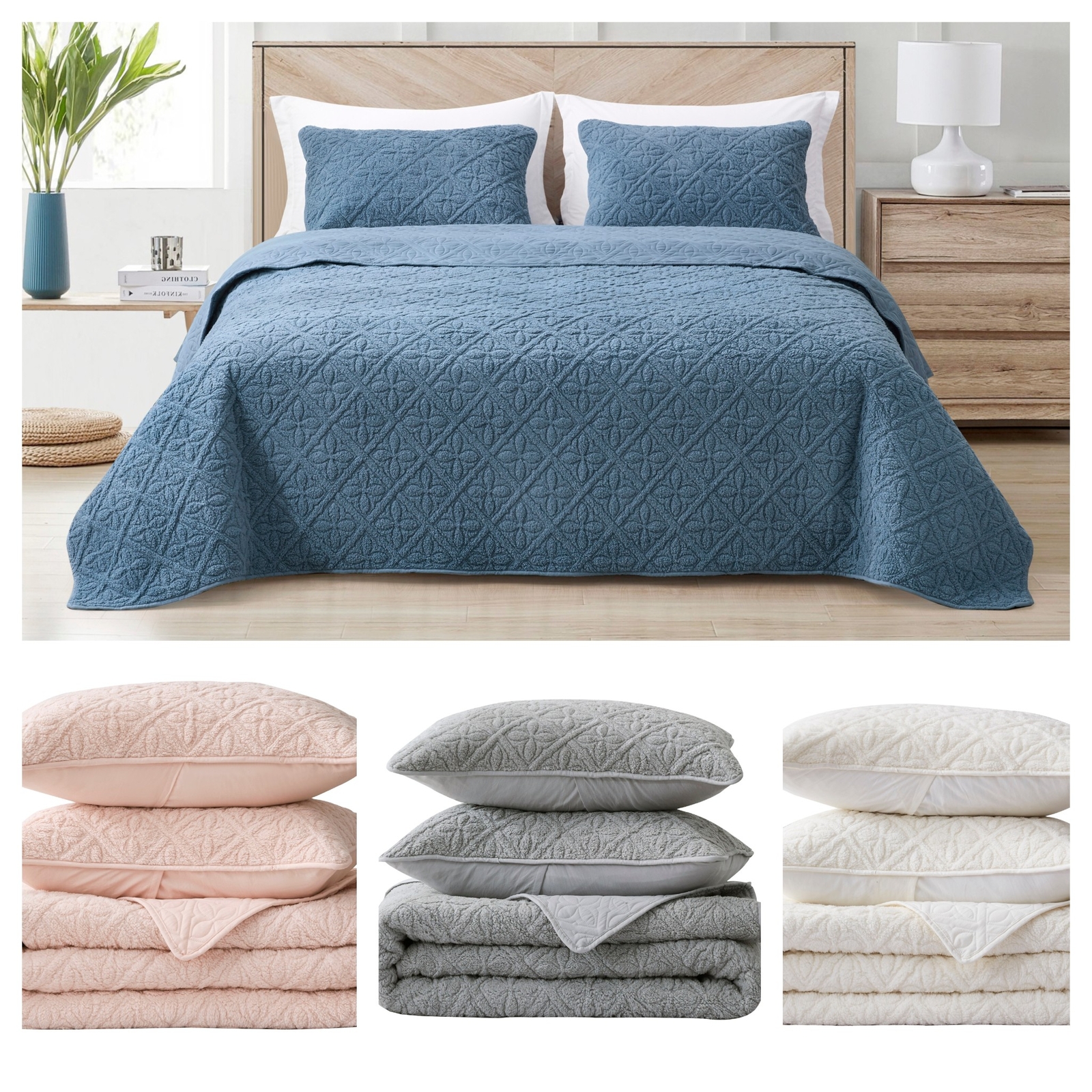 Chezmoi Collection Bethany 3pcs Floral Quilted Sherpa Blanket Coverlet Quilt Set gallery