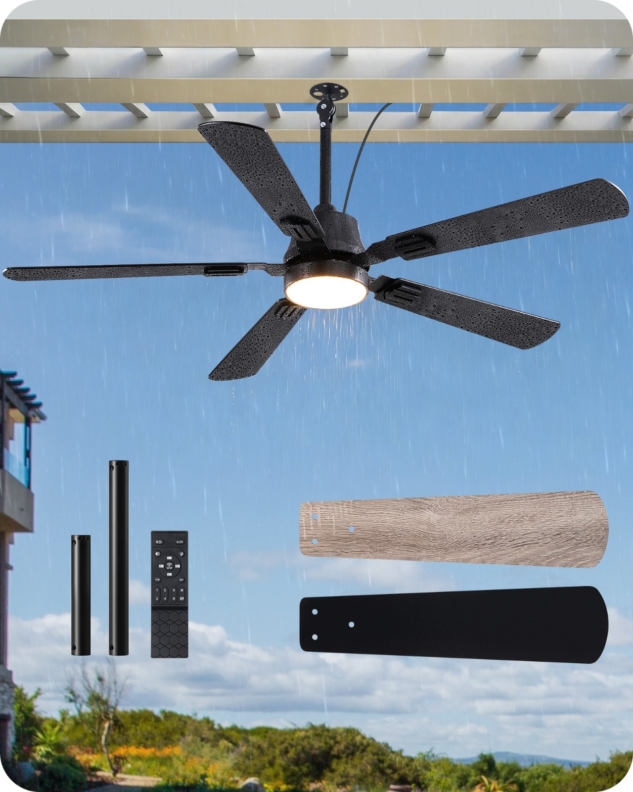EDISHINE 52" Outdoor Ceiling Fan with Light, IP66 Waterproof Gazebo Hanging Fan gallery