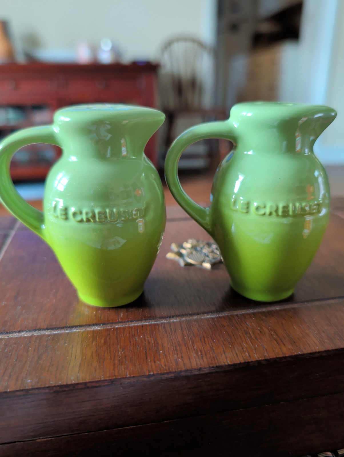 Le Creuset Salt & Pepper Shakers Light Green Farmhouse Pitcher Jug Style EUC gallery