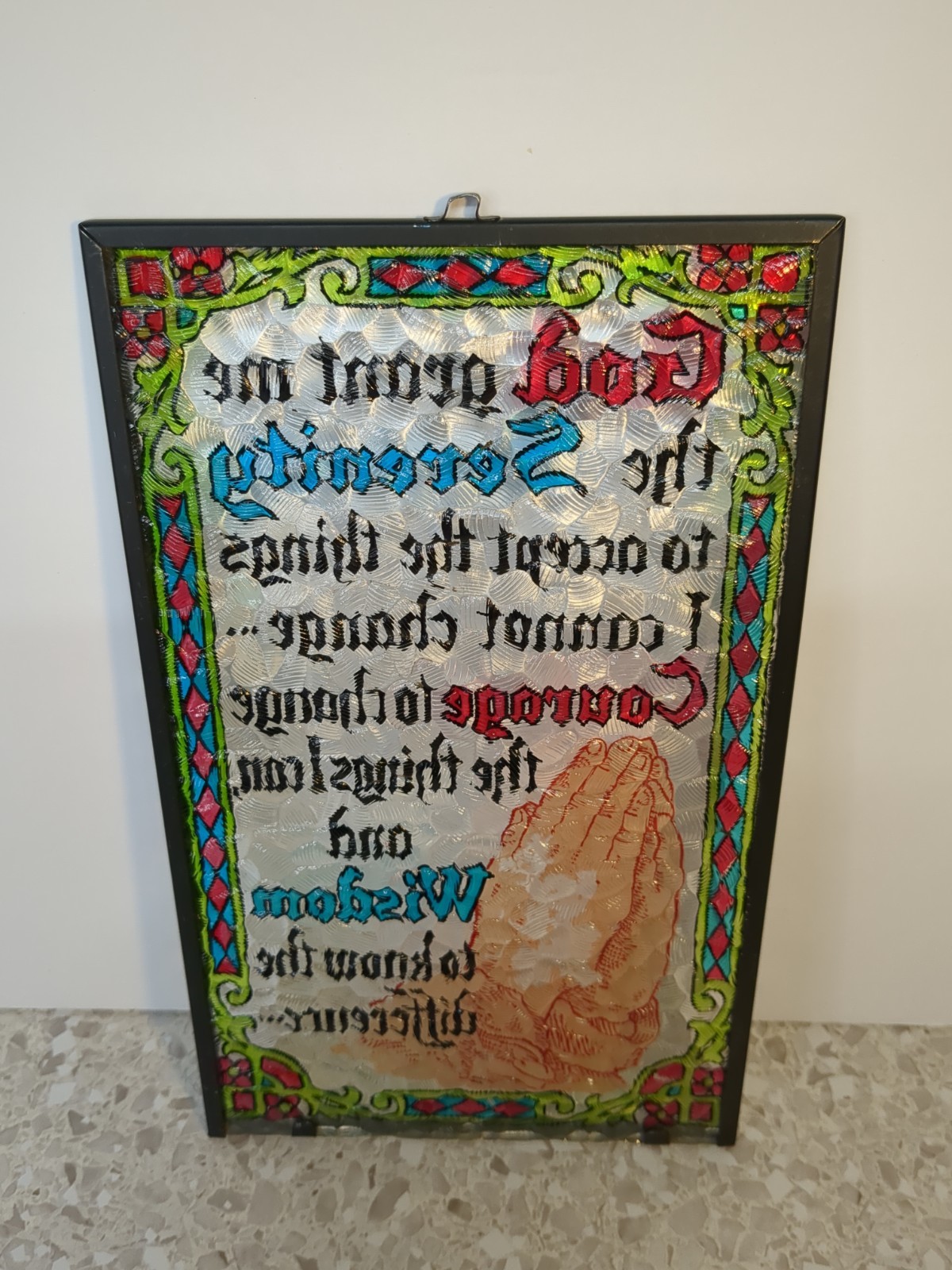 VINTAGE Painted GLASS SUNCATCHER PRAYING HANDS Serenity Prayer Window Hanger gallery