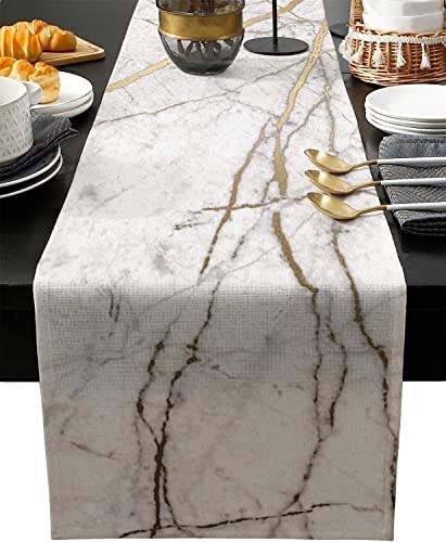 Marble Table Runner-Cotton Linen-Small 36 inches White Gray Gold Dresser