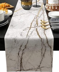 Marble Table Runner-Cotton Linen-Small 36 inches White Gray Gold Dresser