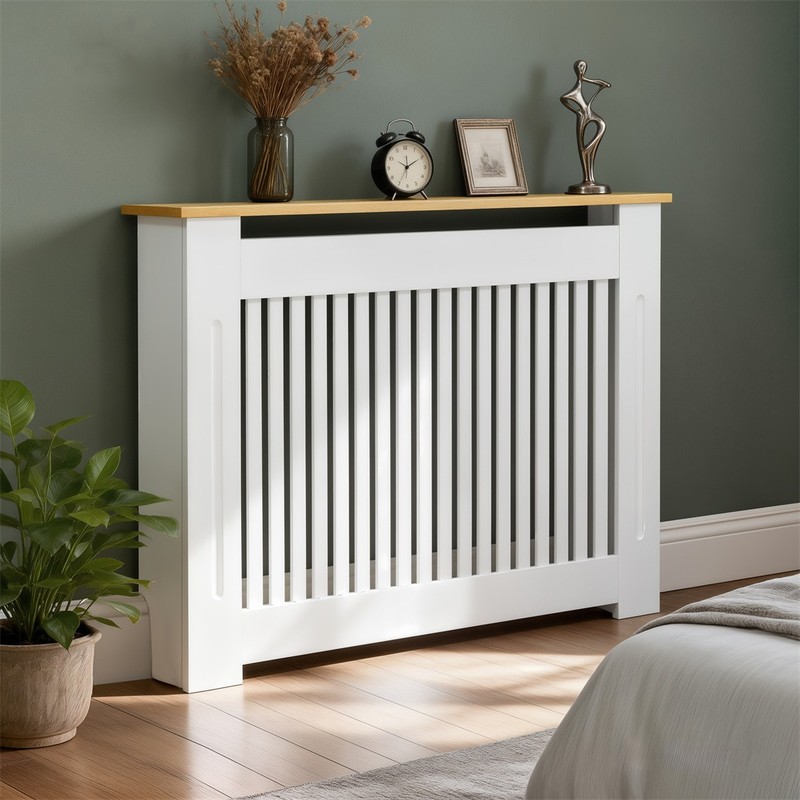 Modern Slatted Vertical White Radiator Cover with MDF Wood Top, Wood Grill Shelf gallery