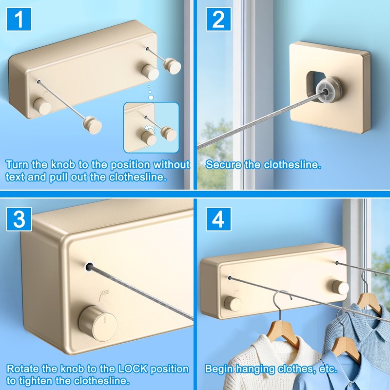 Retractable Clothesline 304 Stainless Steel 33lb Load Indoor/Outdoor Wall Mount gallery