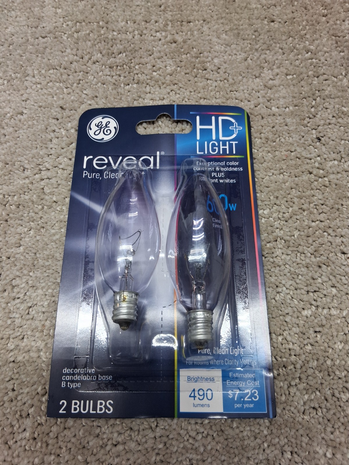 GE Reveal HD+ 60W Candelabra Light Bulbs 2 Packs B-Type Dimmable gallery