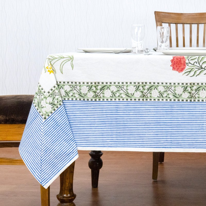 White & Blue, Floral Block Printed Table Cover, Rectangular Christmas Tablecloth gallery