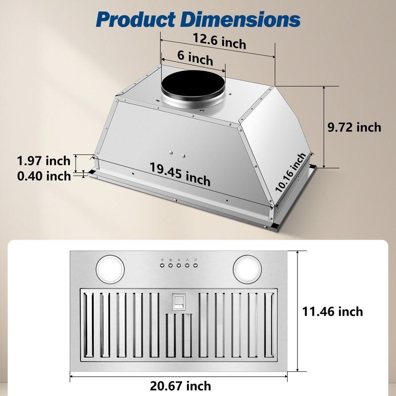 Range Hood Insert 20 Inch Stainless Steel 600 CFM Built-in Mount Kitchen Hood gallery