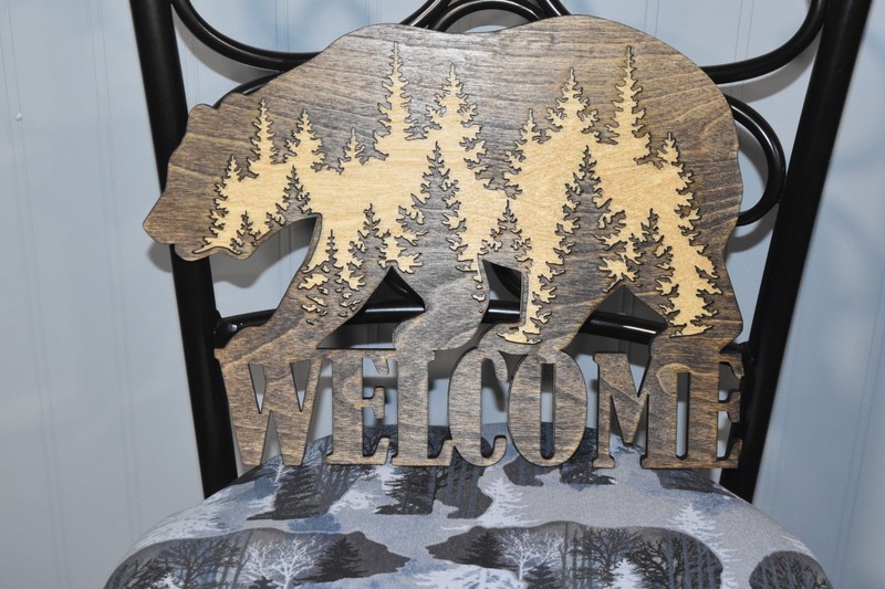 ​Rustic Bear with Wilderness Welcome Sign Laser Cut Dark Walnut and Golden Oak gallery