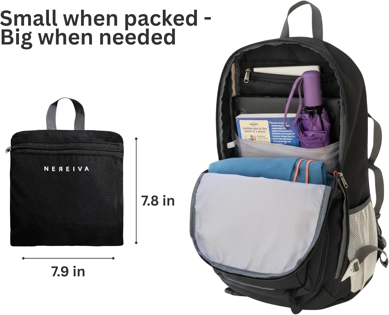 Foldable Backpack with Rain Cover - Multiple Pockets - Waterproof Lightweight Pa 4