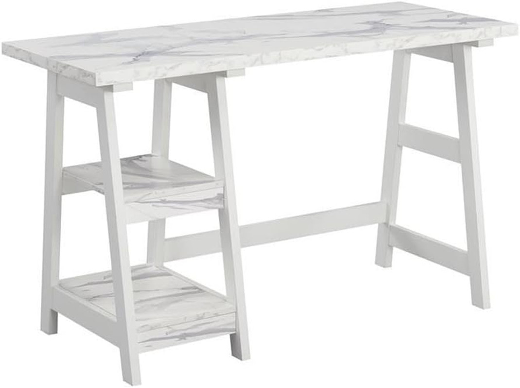 Modern 47" Trestle Desk & Vanity with Shelves - White Faux Marble Finish gallery