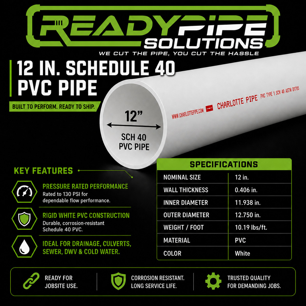 12" PVC Pipe | Schedule 40 | Custom Cut Lengths 12"-96" | Culvert & Plumbing gallery
