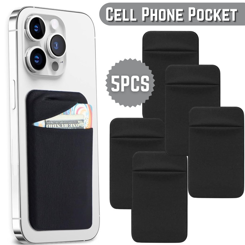 5PCS Credit Card Holder Cell Phone Wallet Pocket Sticker Adhesive Pouch Black