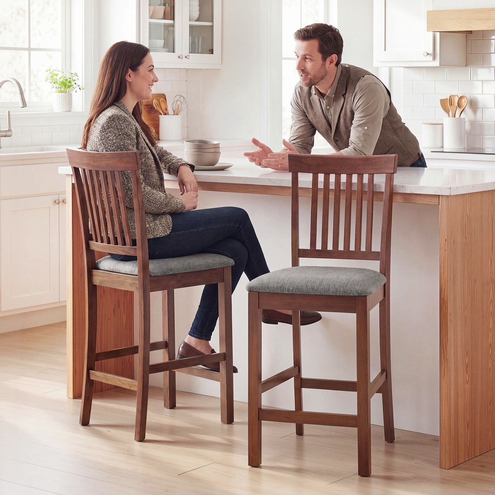 HOMCOM Bar Stools Set of 2, Modern Upholstered Barstools, Gray and Brown gallery