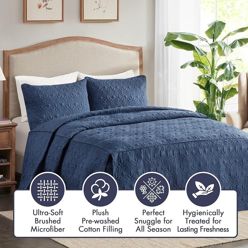 Microfiber Quilted Bedspread 3 Piece Set Split Corner Shams Soft Lightweight New gallery