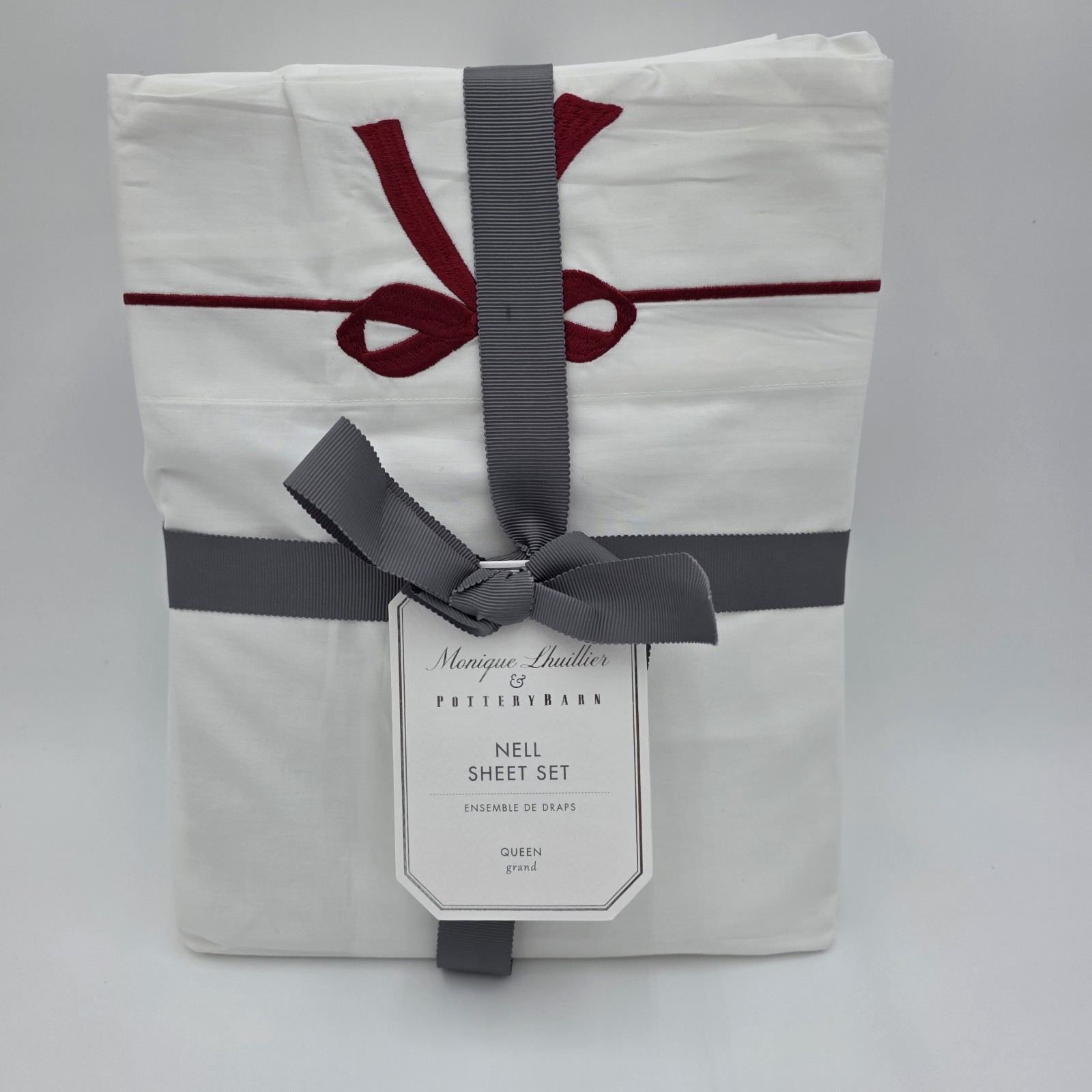 Pottery Barn Monique Lhuillier Nell Embriodered Bow Sheet Set Queen new gallery