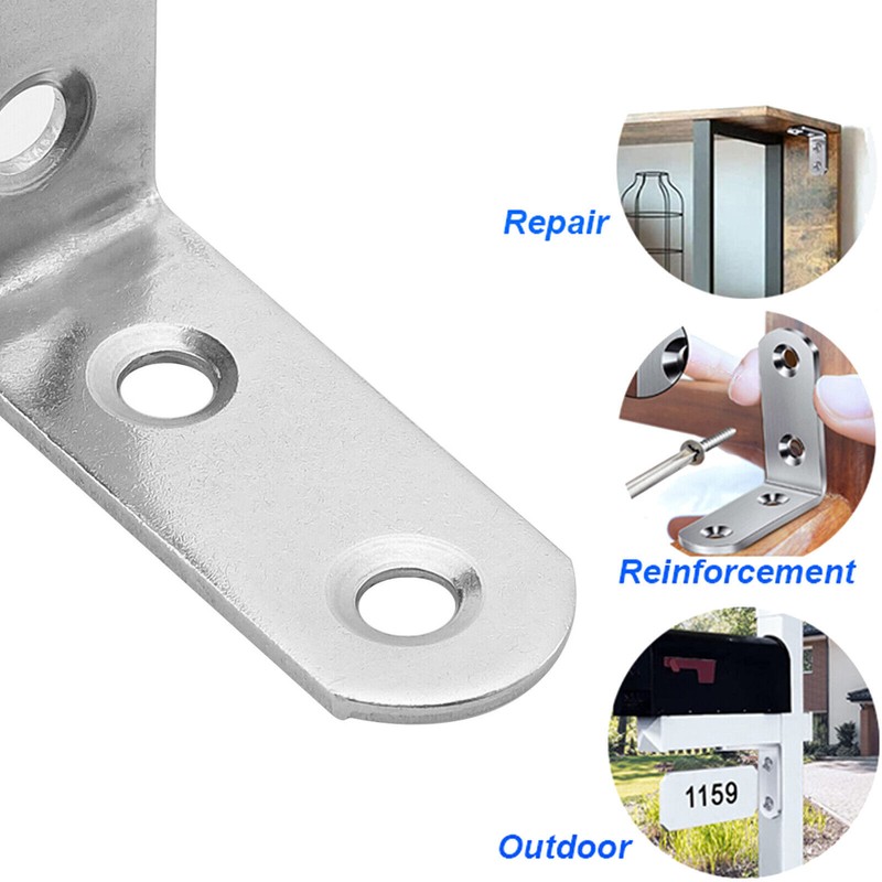 Lot L-Shaped Bracket Corner Brace Silver Stainless Steel Right Angle w/ Screws gallery