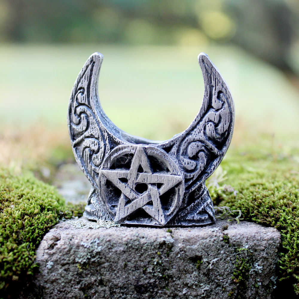 Pewter Mini Crescent Moon Pentacle Chime Candle Holder Dryad Design Wiccan Pagan gallery
