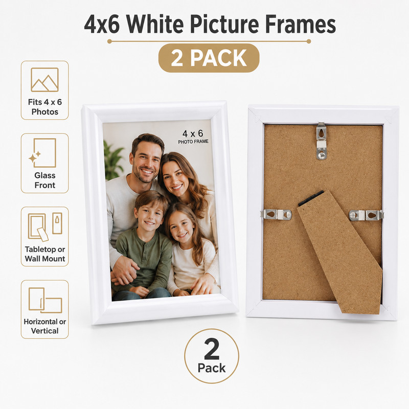 2 Pack 4x6 White Picture Frames – Tabletop & Wall Mount Display, Glass Front gallery
