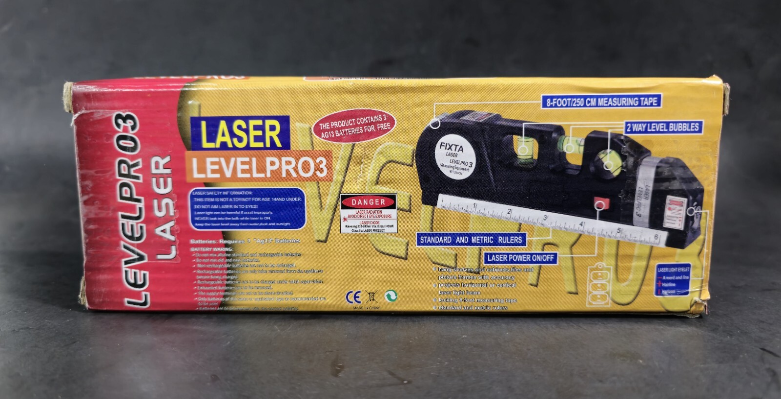 Laser Level Pro 3 Horizontal Vertical 8FT 250cm Measuring Tape Ruler & Batteries gallery