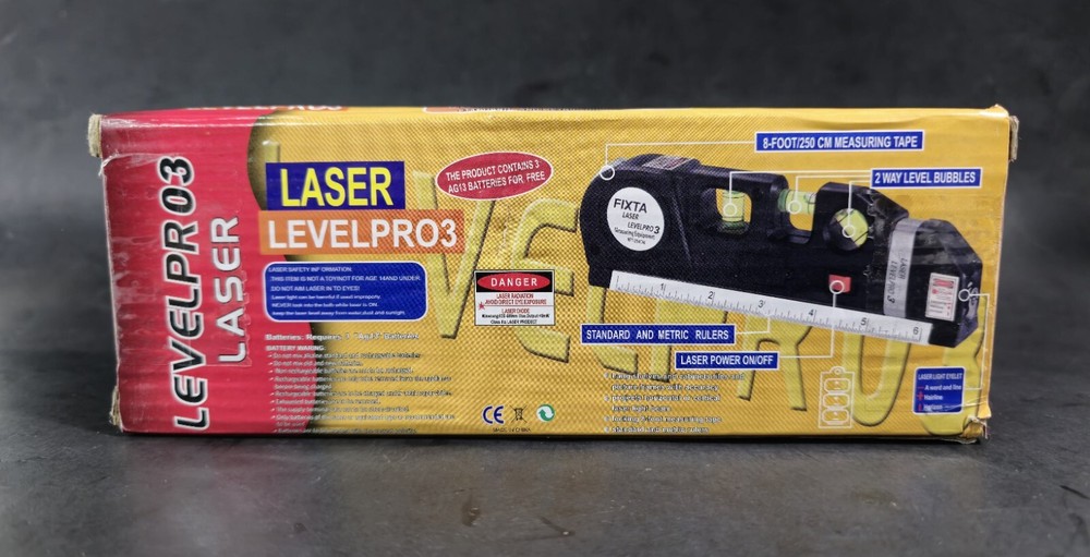Laser Level Pro 3 Horizontal Vertical 8FT 250cm Measuring Tape Ruler & Batteries