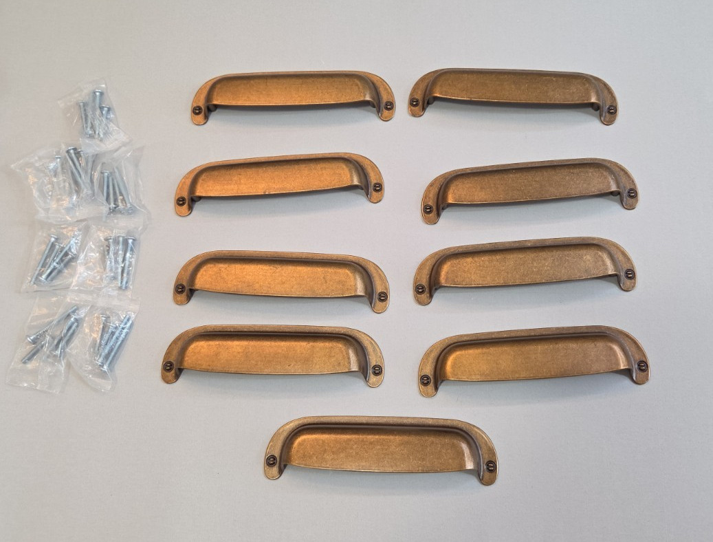 Drawer Pulls Cup Handles Brass Tone Gold Lot of 9 6" length 5" center Unused gallery
