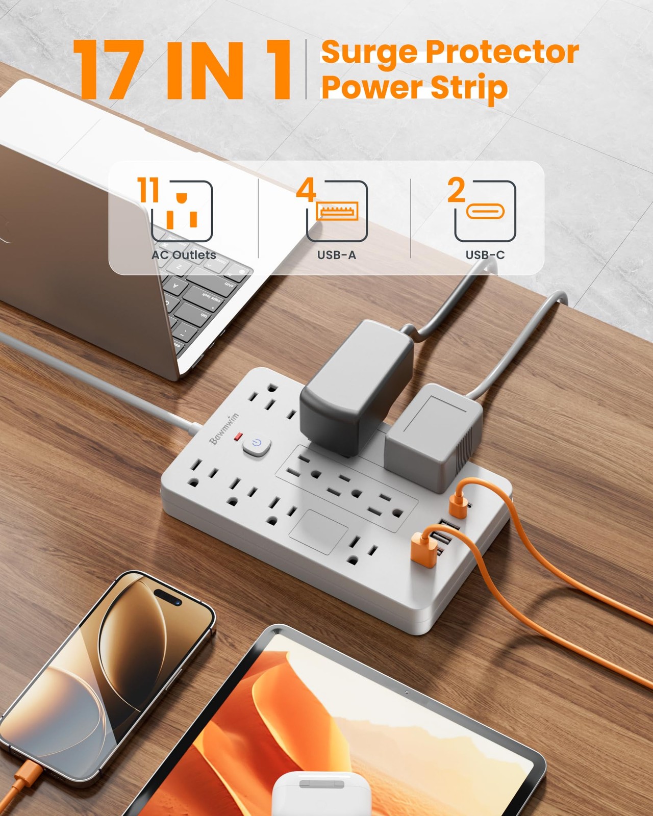 10 FT Surge Protector Power Strip 11 Outlets 6 USB 1850W Flat Plug Mount gallery
