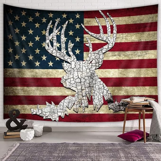 American Flag Hunting Deer Tapestry, Western Red and White 60"L x 40"W red gallery