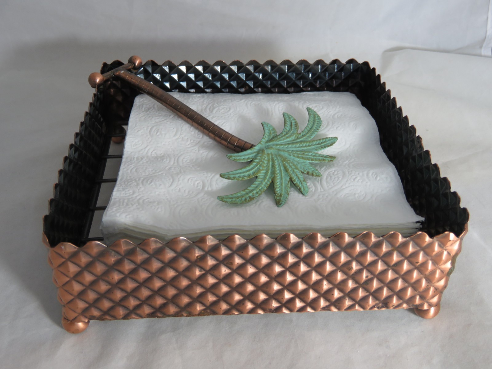 Square Metal Copper Toned Paper Napkin Holder with Hinged Palm Tree Holder gallery