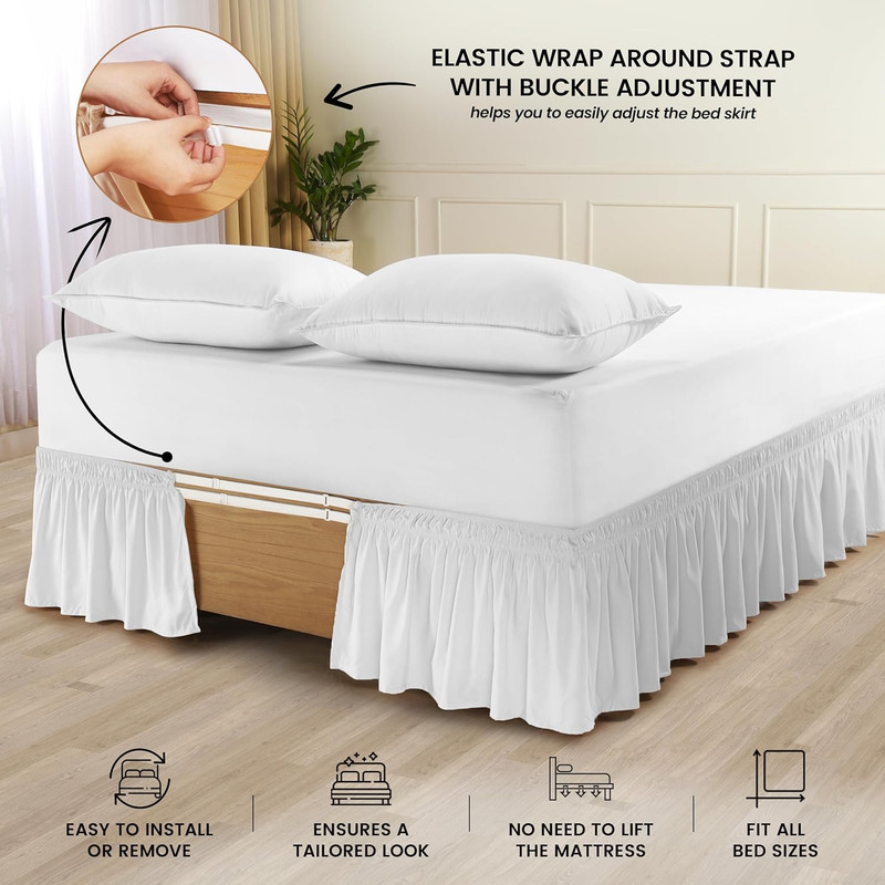 Wrap around Ruffle Queen Size Bed Skirt – Adjustable Buckle & Elastic Belt for E gallery