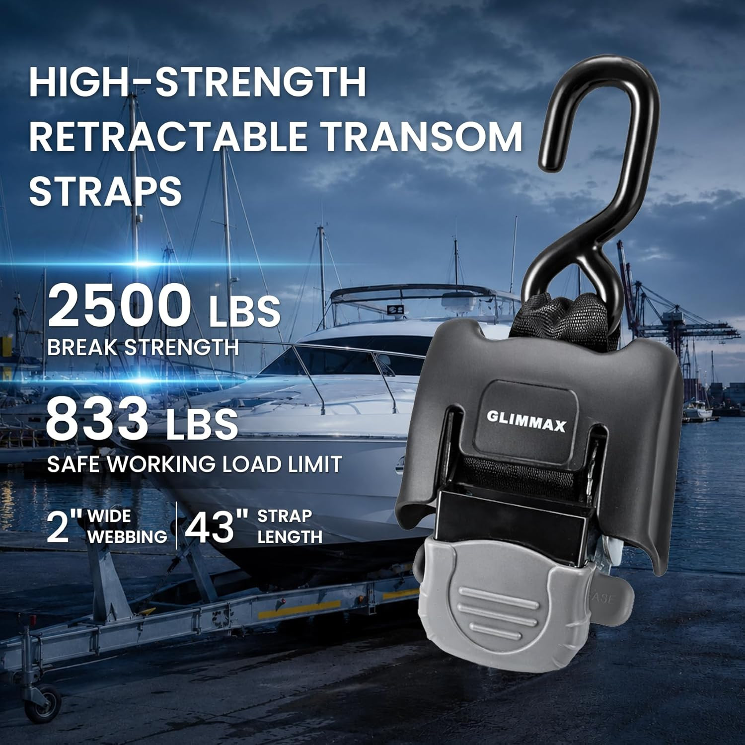 Retractable Boat Transom Tie down Straps, 2X43 Inch 2500 Lbs Break Strength, 1-P gallery