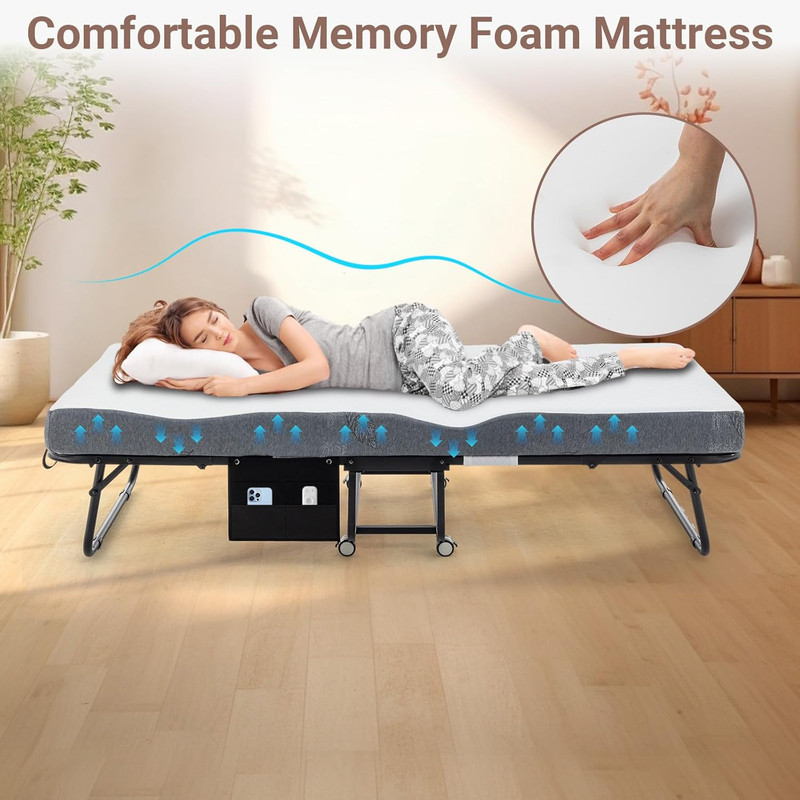 Portable Rollaway Bed with Memory Foam Mattress, Space-Saving Design, 75"x38 gallery