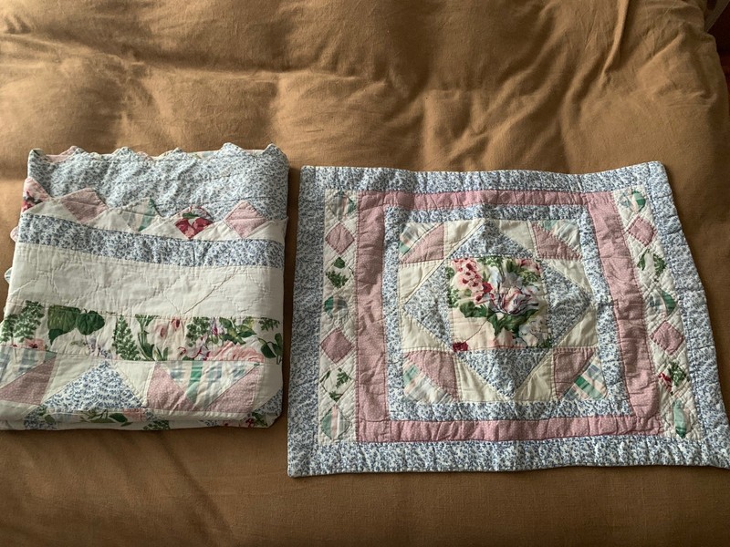 Vtg Country Patchwork Farmhouse Quilt & Sham 78” X 82” Pink & Blue Cottage gallery
