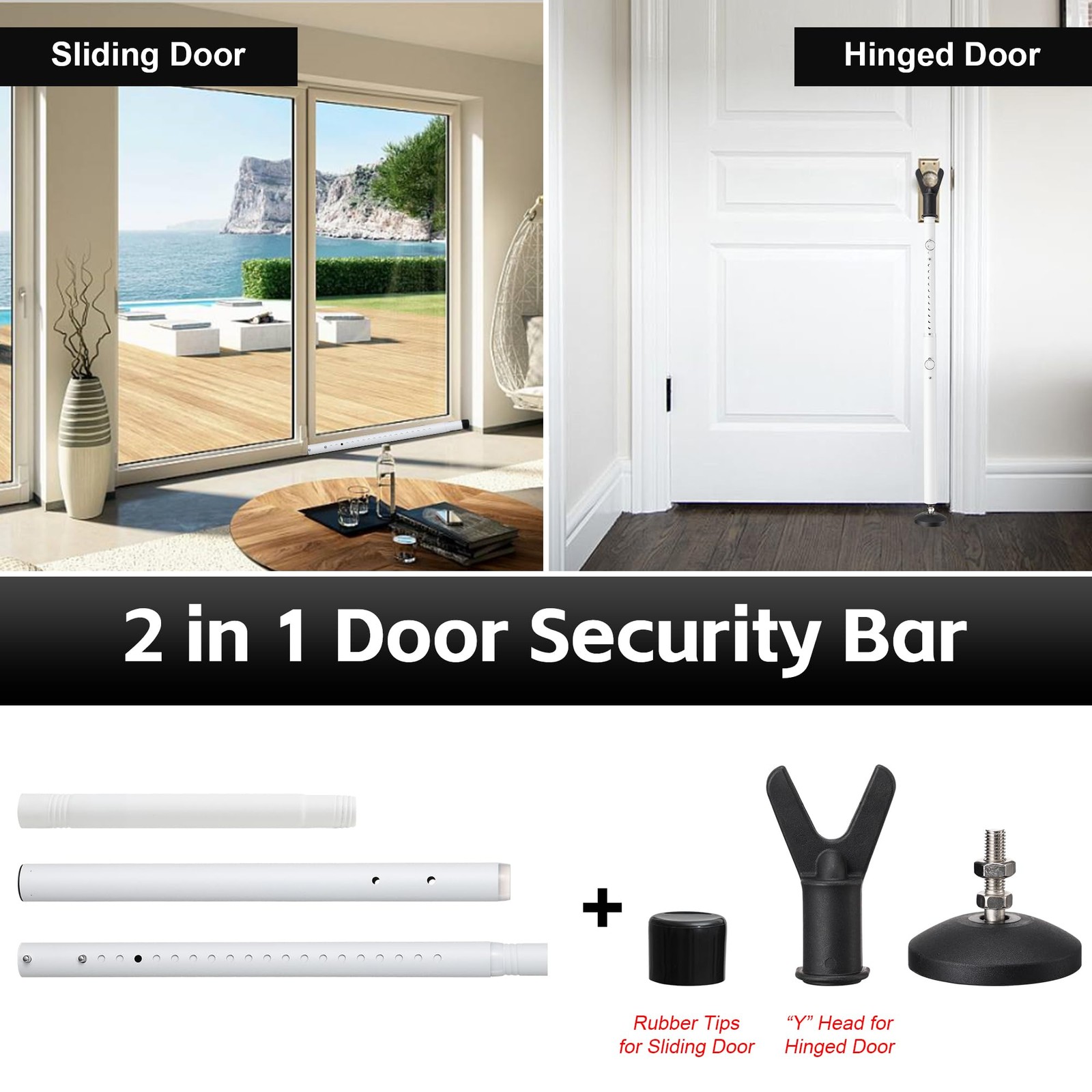 Sliding Glass Door Security Bar, 2 Pack White Adjustable 53 inches, gallery
