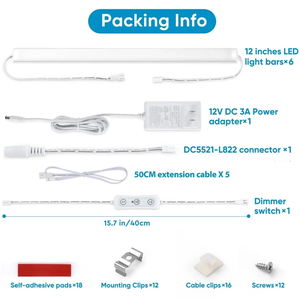 Litever Under Cabinet Lighting Kit Plug in, 6 pcs 12 Inches LED Light Bars. gallery