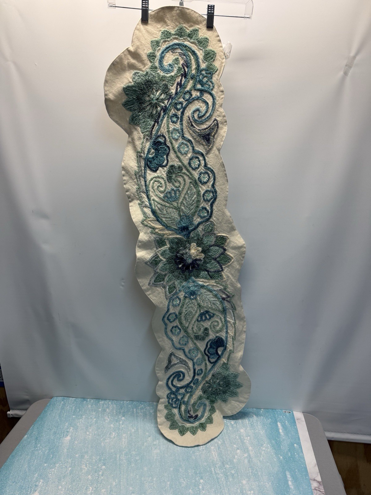 Pier 1 Table Runner Blue Floral Embroidered Geometric Design 50” In X 14” In gallery