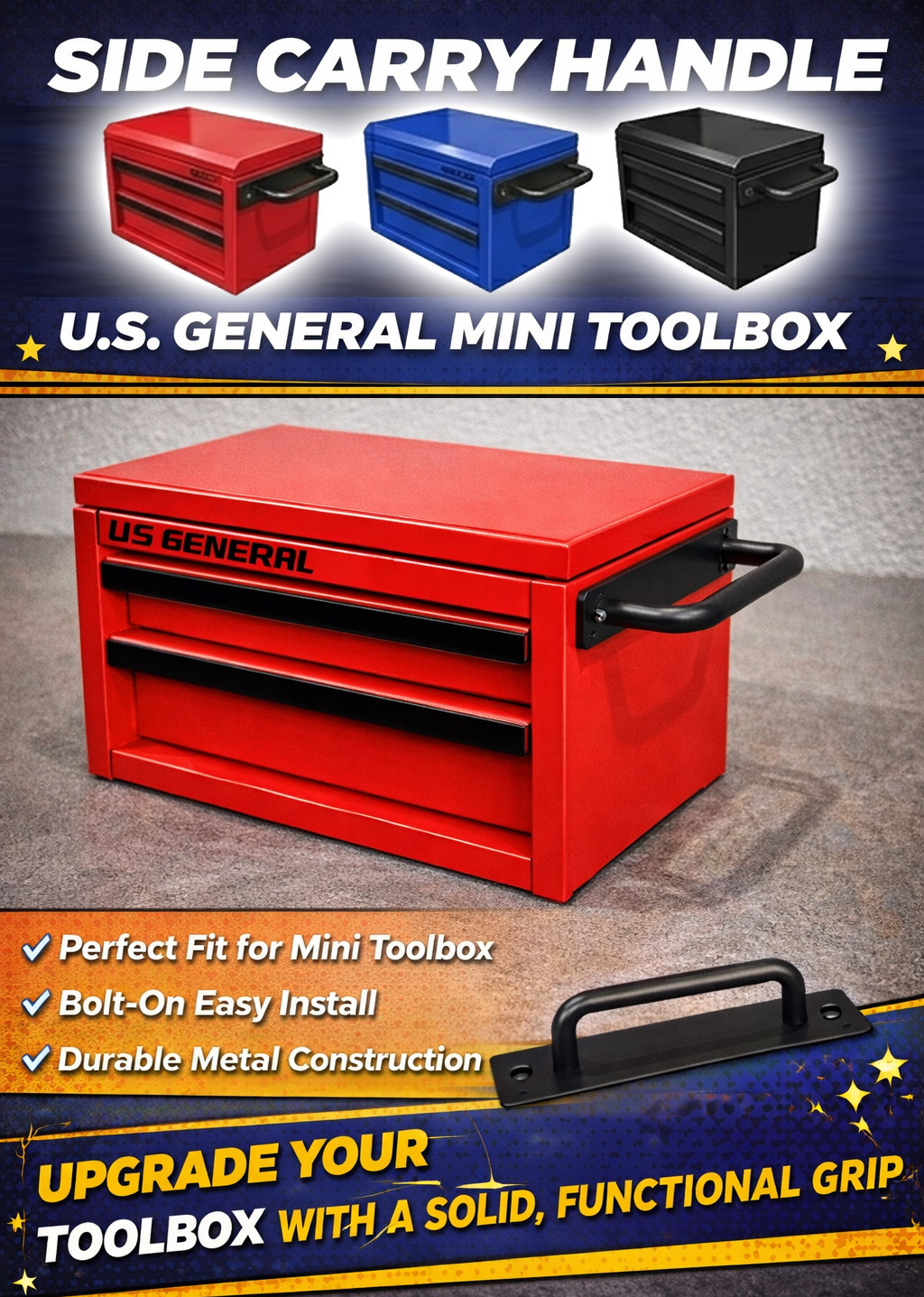 Mini Toolbox Side Handle for US General & Kobalt | Bolt-On Metal Pull Handle Up gallery