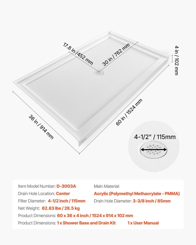 Shower Pan, 60 L x 36 W Single Threshold Shower Base, Rectangle Acrylic & PVC gallery