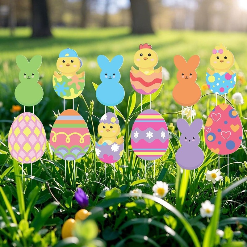12 Pcs Easter Egg Planter Stakes-11 Inch Bunny Egg Chick Planter Stakes-Easte... gallery