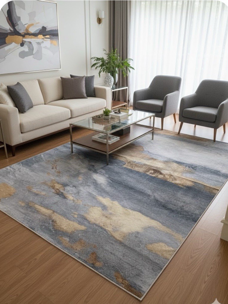 Contemporary Abstract Blue Beige Gray Rectangle Area Rug for Living Room gallery