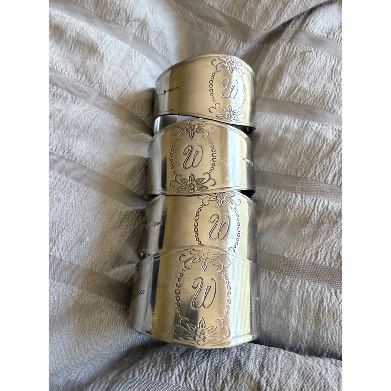 Customcraft Napkin Rings Set 4 Stainless Floral Monogram W Vintage gallery