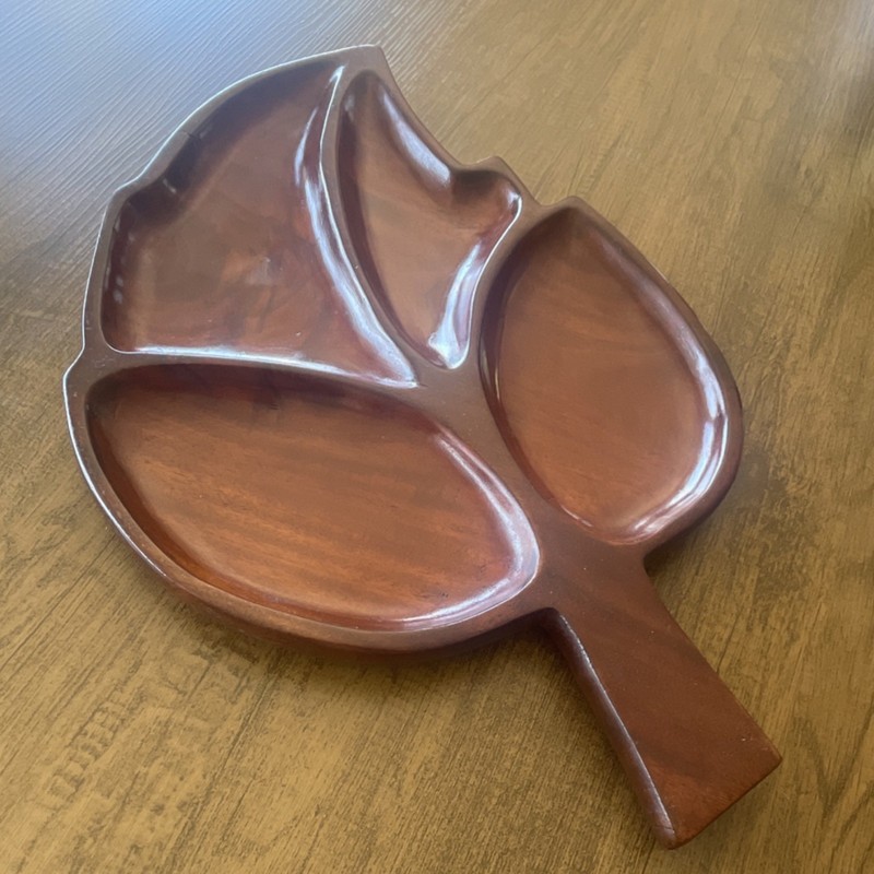 Wood Leaf Shaped Serving Tray with 3 Compartments, Glossy Medium Brown gallery