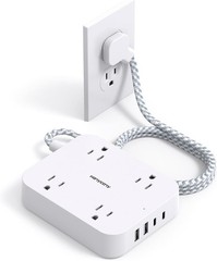 Flat Plug Extension Cord, 5Ft Power Strip with USB Ports(2 USB C), Widely Out