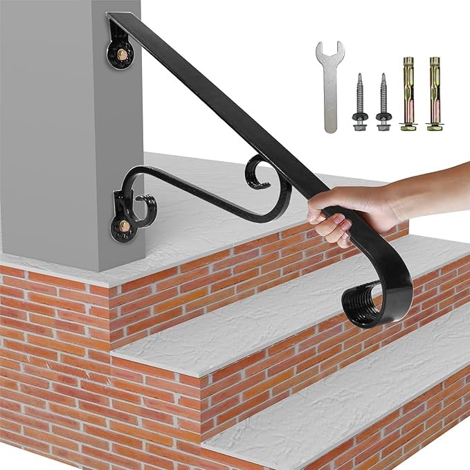 Durable Matte Black Wrought Iron Handrails for Outdoor Steps 1-2 Step Access gallery