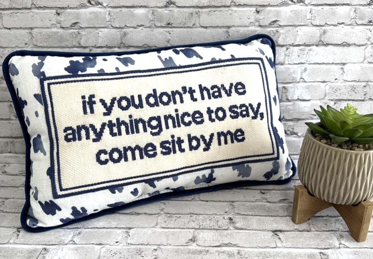 Needlepoint Decorative Throw Pillow Rectangular Blue Ivory COME SET BY ME gallery