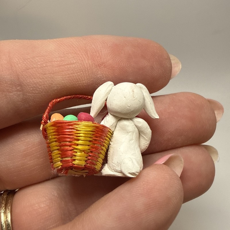 Miniature 1” Polymer Clay Easter Bunny With Straw Basket And Eggs Easter Decor gallery