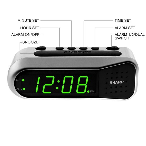 SHARP Digital Dual Alarm Clock, Silver with Green LED Display, Ascending Alarm gallery