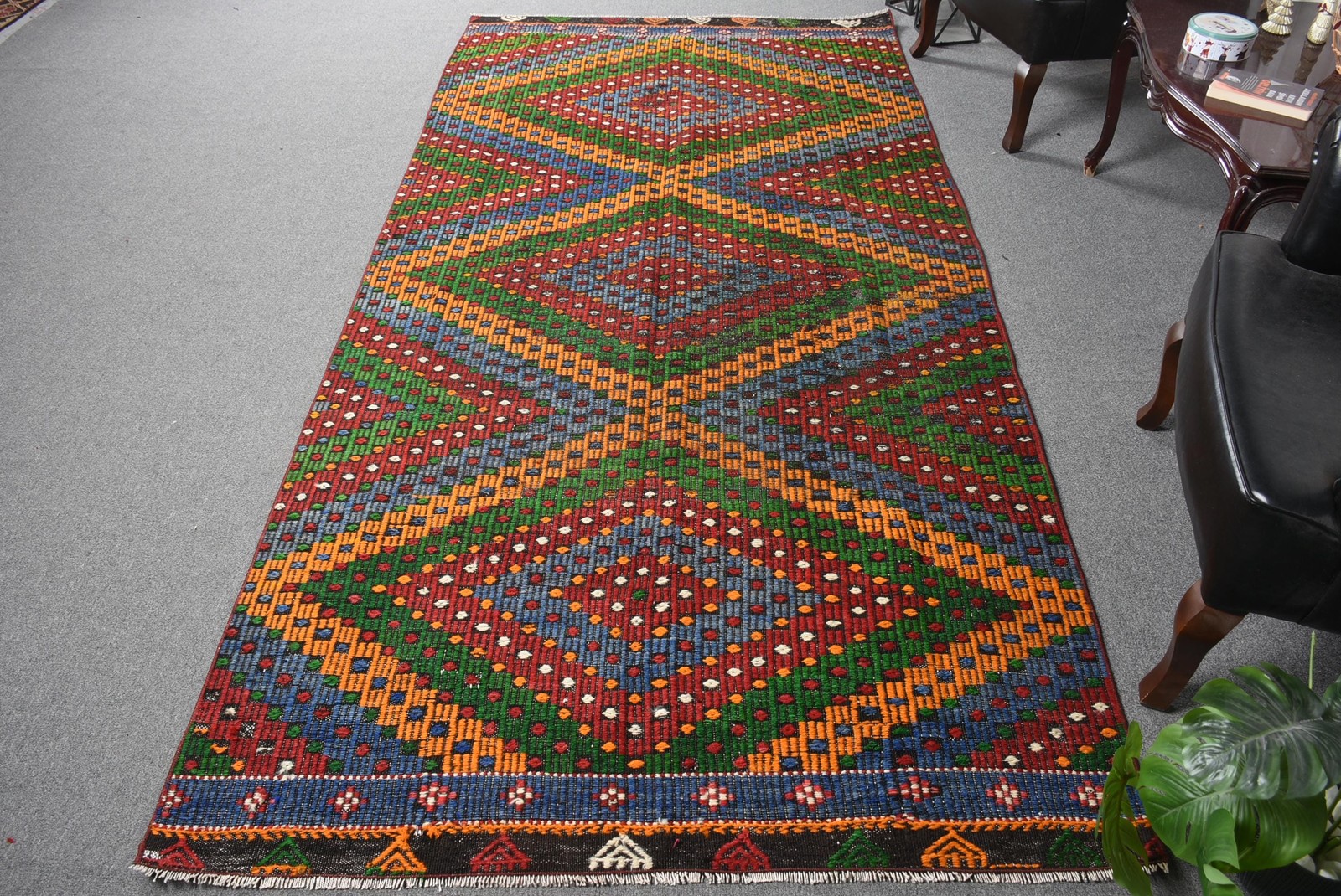Turkish Vintage Rug 4,9x10,2 ft (148x310 cm), Kilim Blue Plants & trees Rug gallery