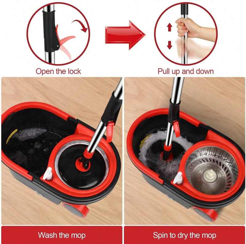 Heavy Duty Rolling Spin Mop Bucket Set Wringer 3 Heads Adjustable Handle HomeUse gallery