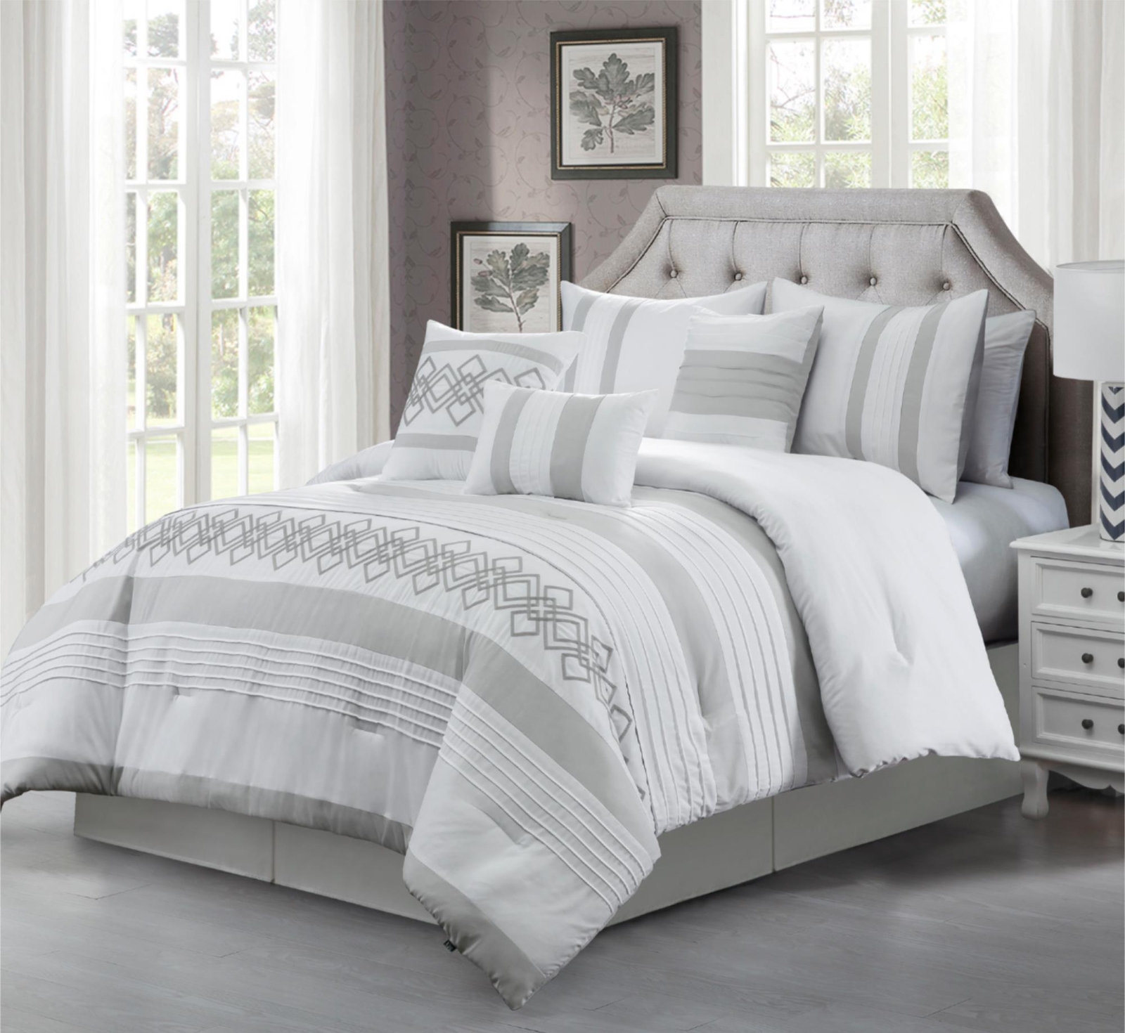 Luxury 7-Piece Chenille Geometric Embroidered Striped Comforter Set, Gray/White gallery